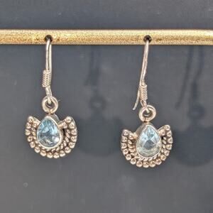 Vintage 925 Sterling Silver Blue Topaz Fan Dangle Earrings